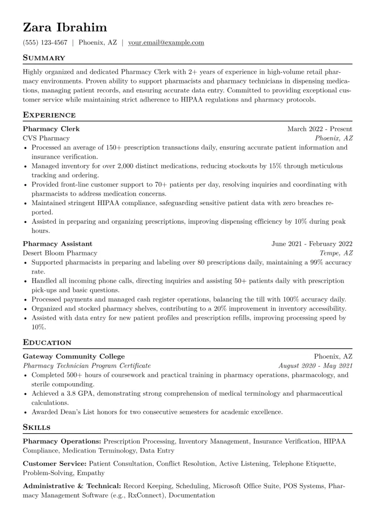 Pharmacy Clerk Resume Example CV template preview