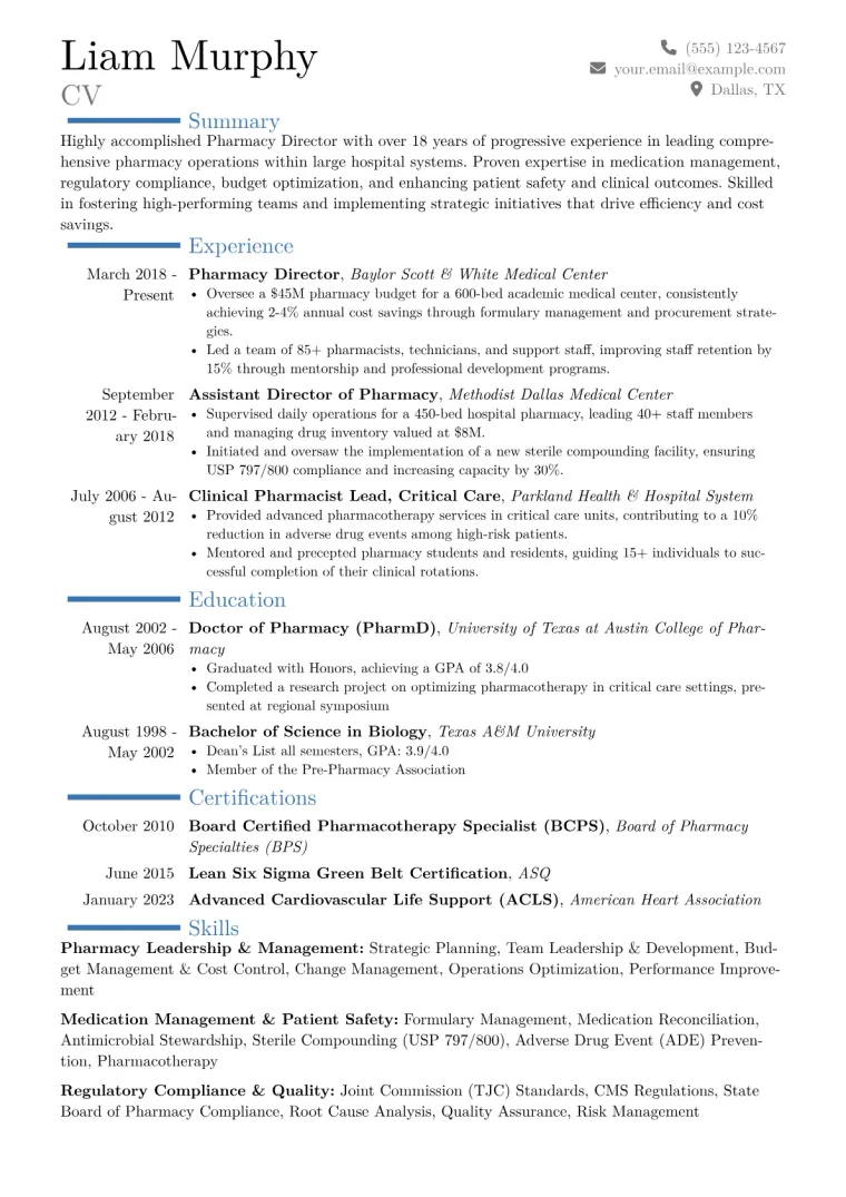 Pharmacy Director Resume Example CV template preview