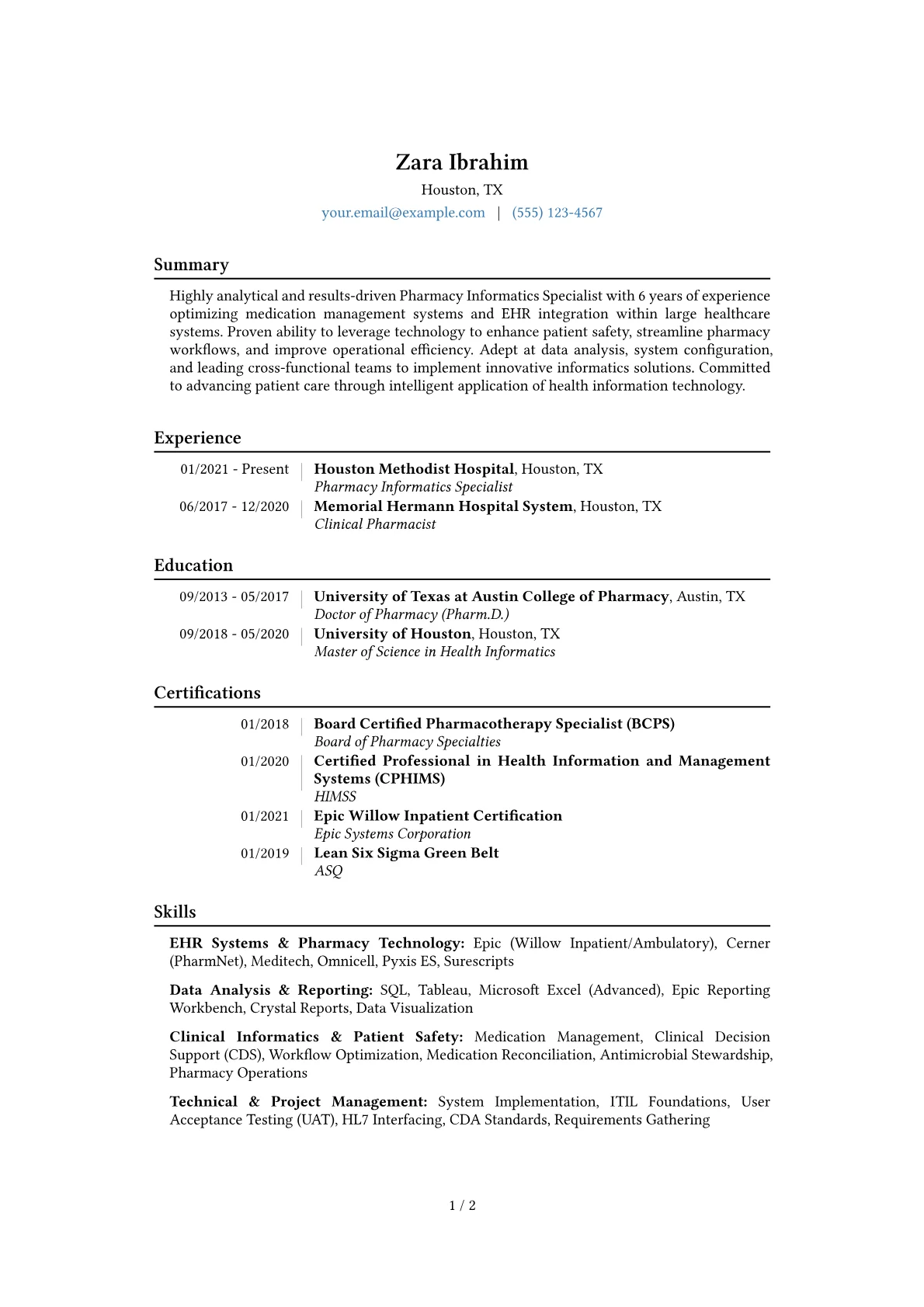 Pharmacy Informatics Specialist Resume Example CV template - Page 1