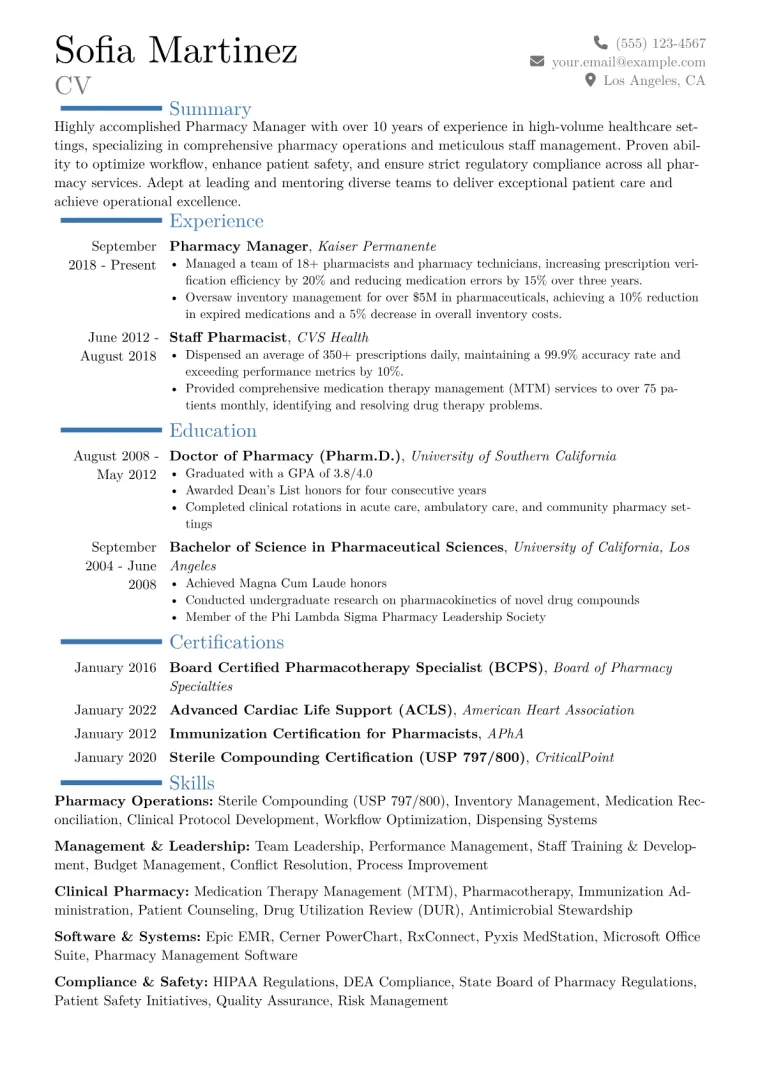 Pharmacy Manager Resume Example CV template preview