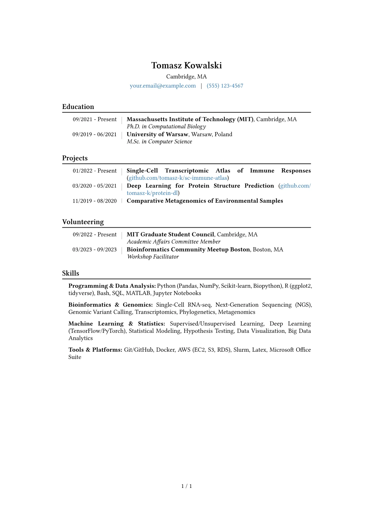 PhD Student Resume Example CV template - Page 1