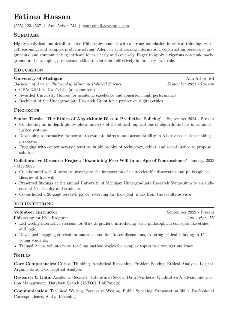 Philosophy Student Resume Example CV template preview