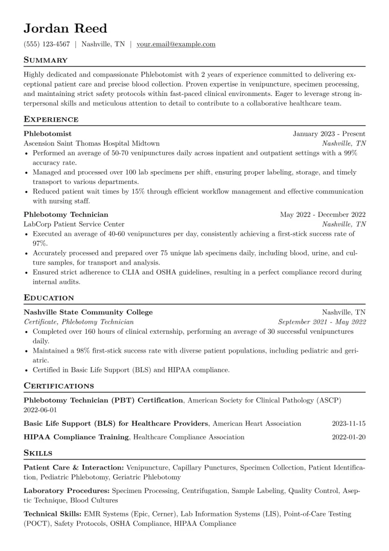 Phlebotomist Resume Example CV template preview