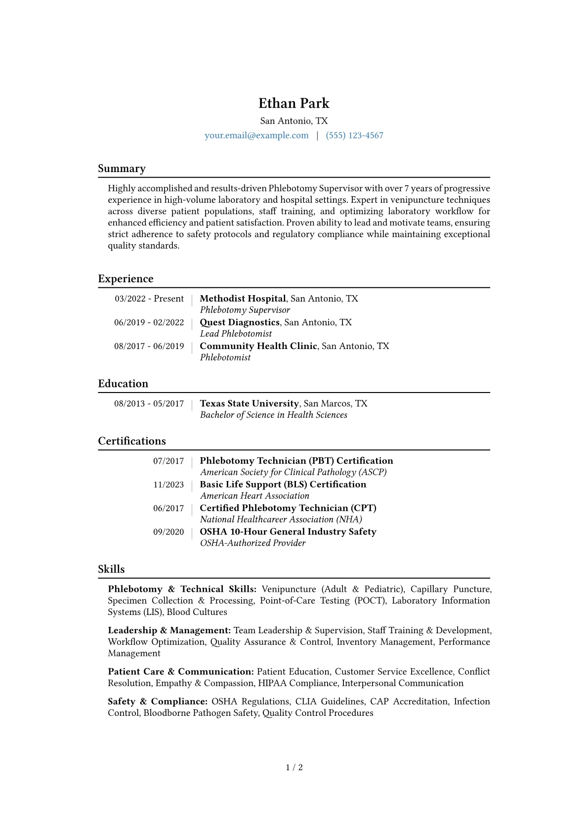 Phlebotomy Supervisor Resume Example CV template - Page 1
