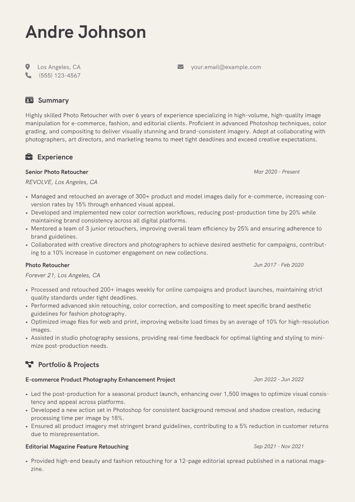 Photo Retoucher Resume Example CV template - Page 1