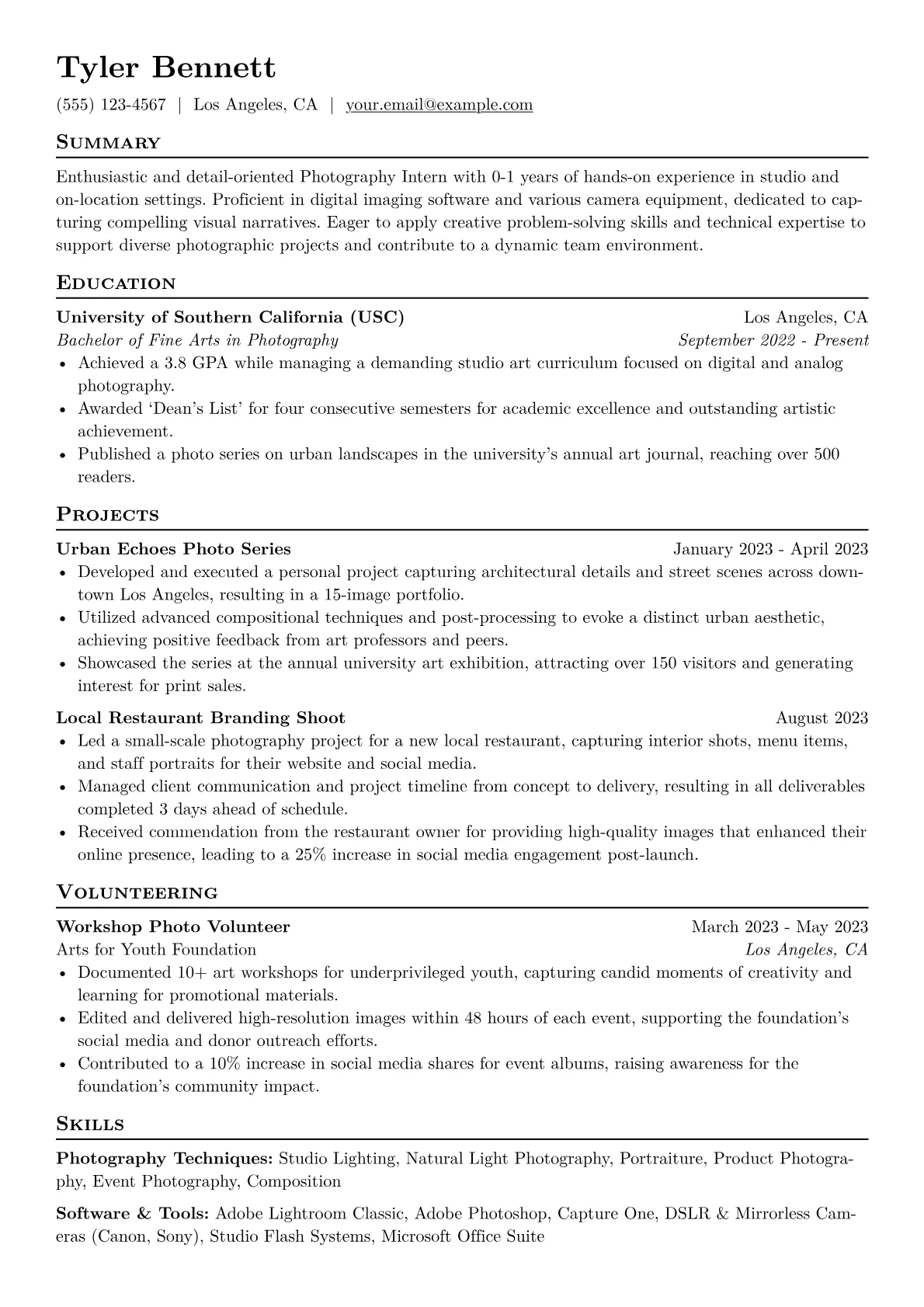 Photography Intern Resume Example CV template - Page 1