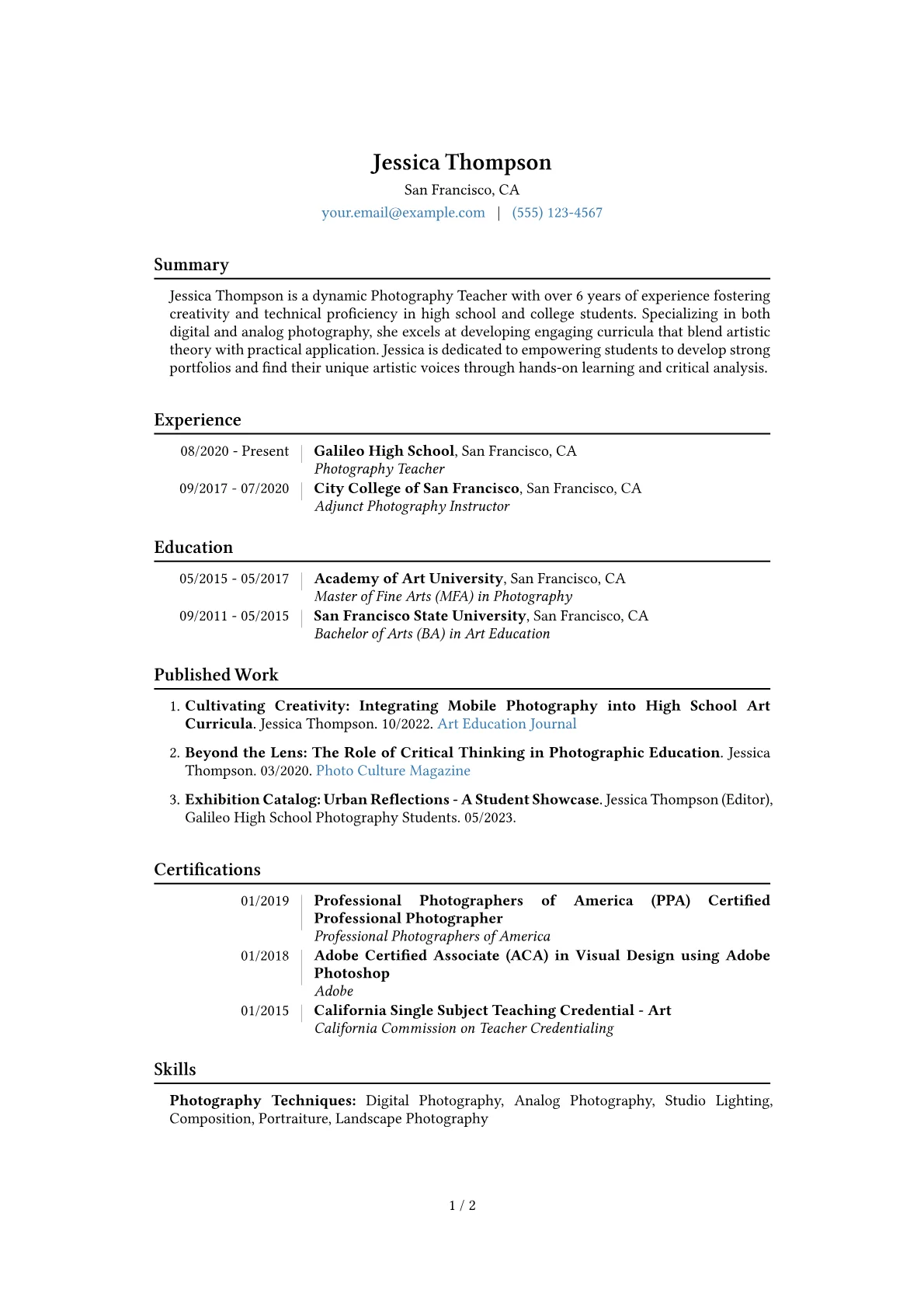 Photography Teacher Resume Example CV template - Page 1