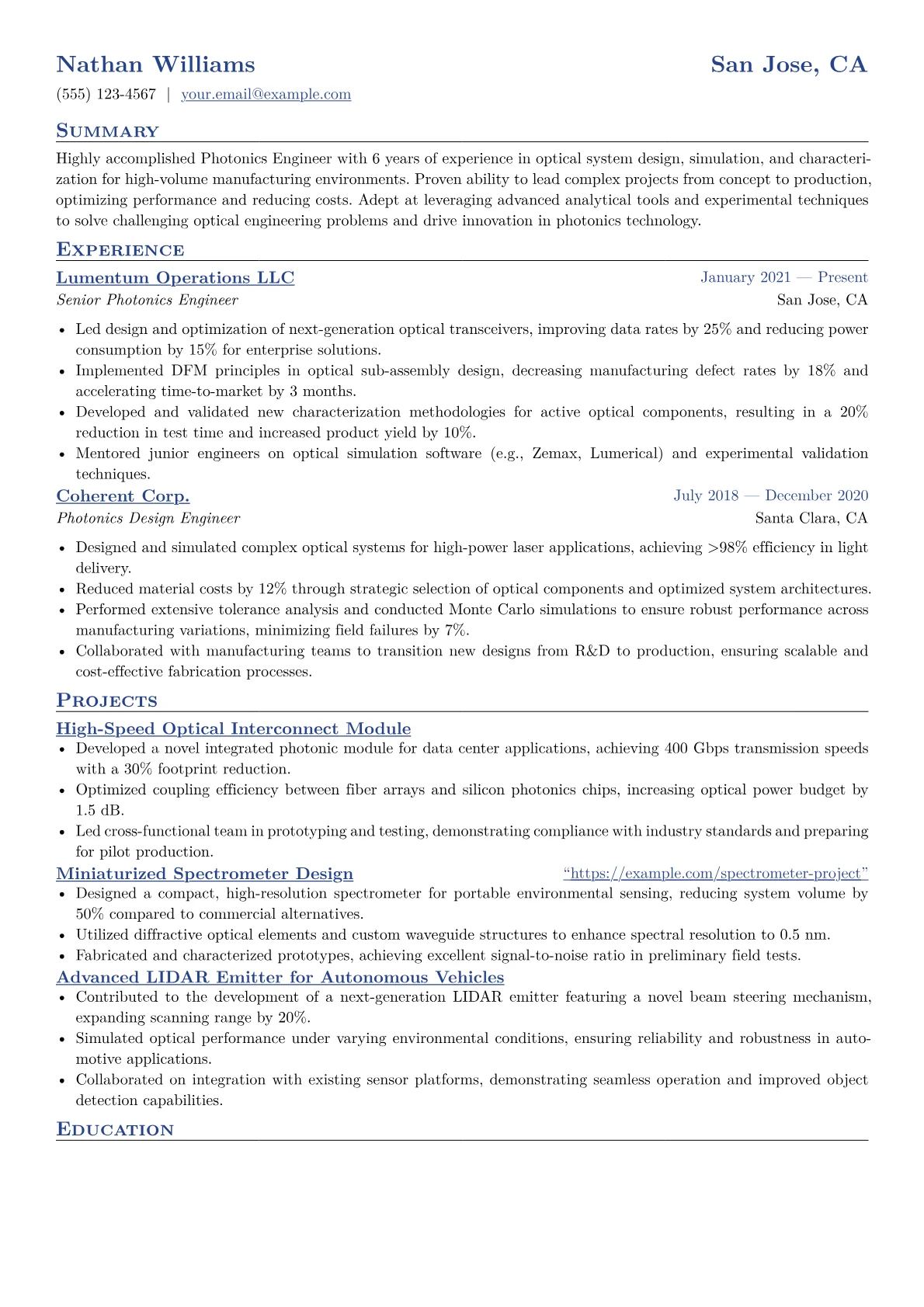 Photonics Engineer Resume Example CV template - Page 1