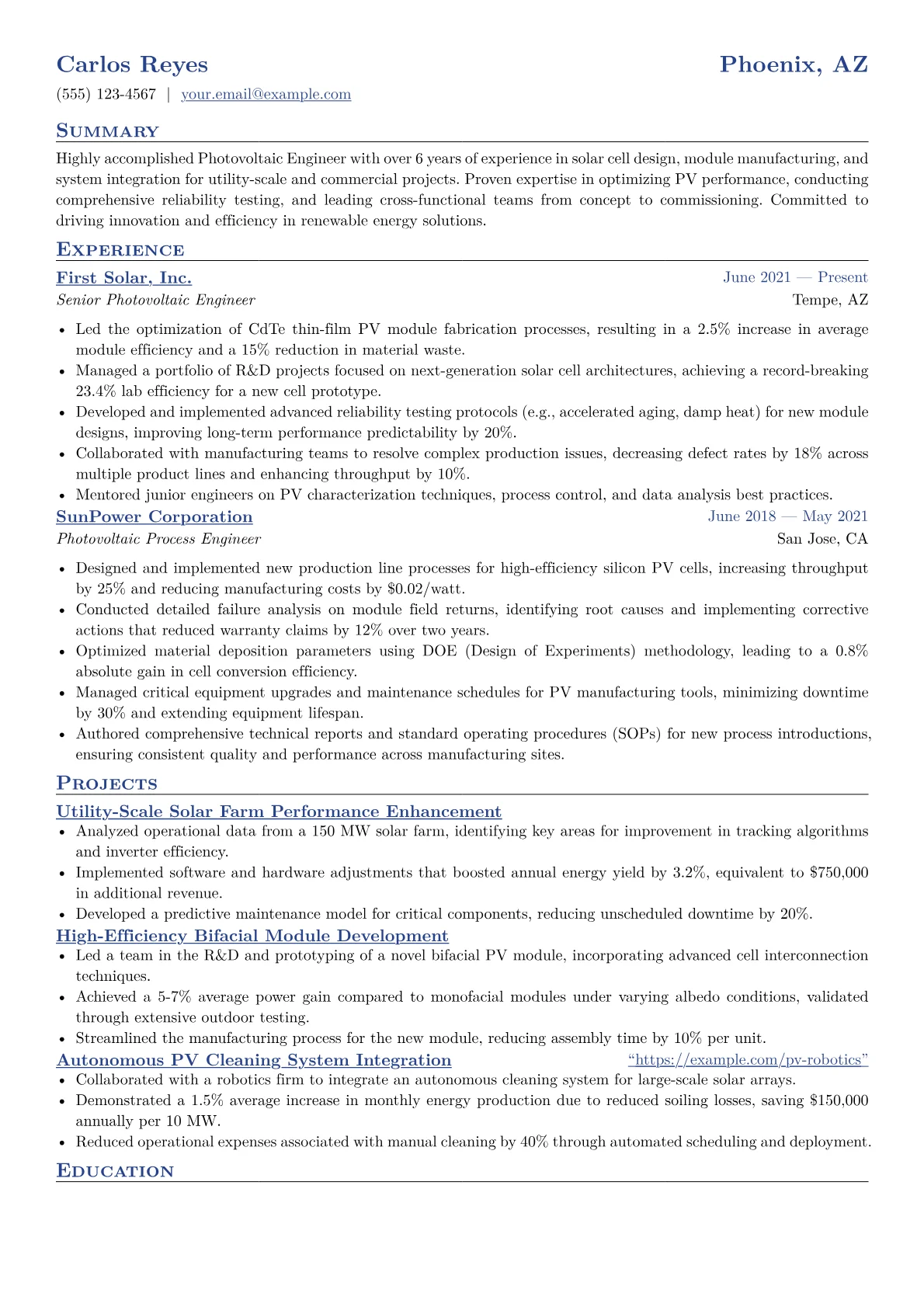 Photovoltaic Engineer Resume Example CV template - Page 1