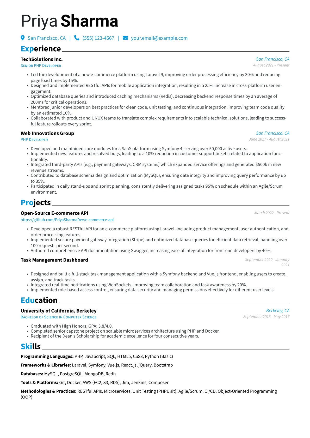PHP Developer Resume Example CV template - Page 1