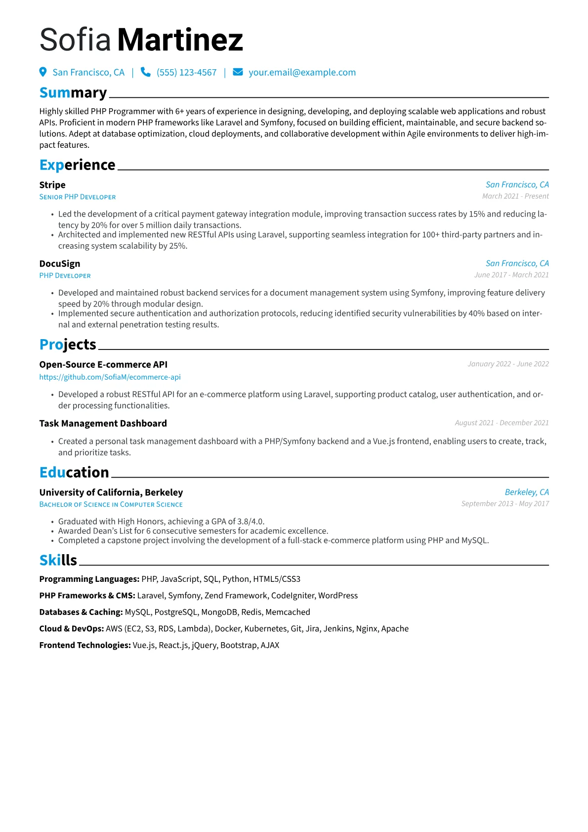 PHP Programmer Resume Example CV template - Page 1