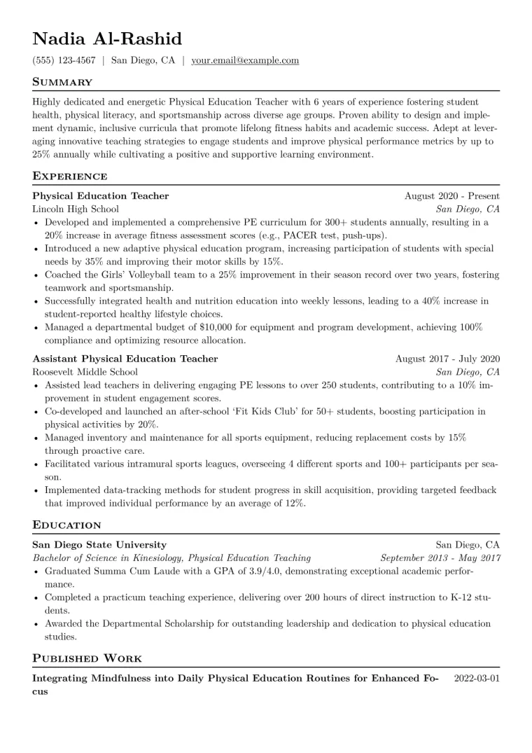 Physical Education Teacher Resume Example CV template preview