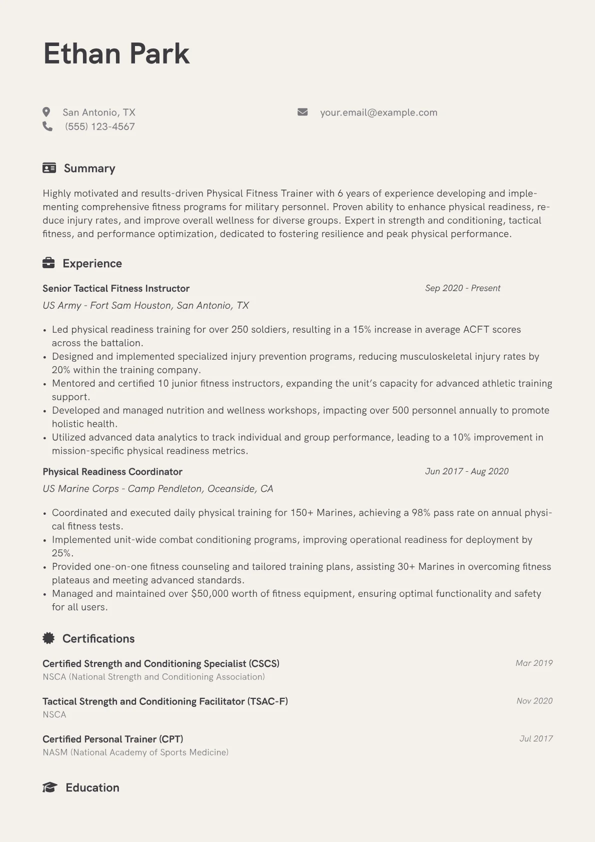 Physical Fitness Trainer Military Resume Example CV template - Page 1