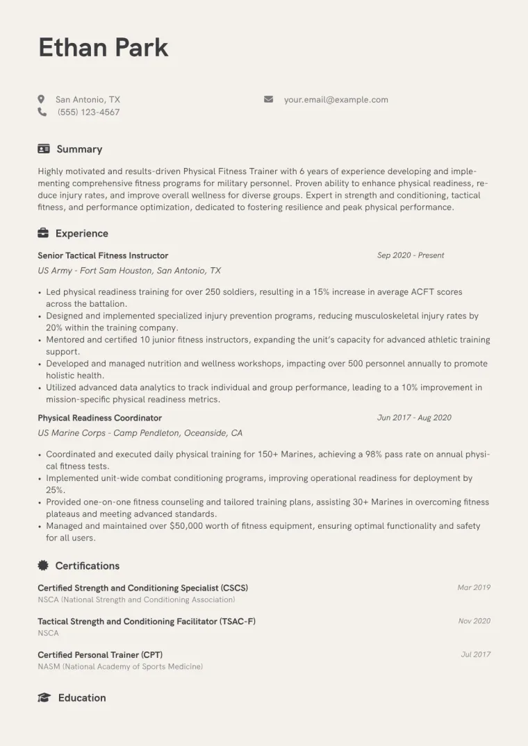 Physical Fitness Trainer Military Resume Example CV template preview