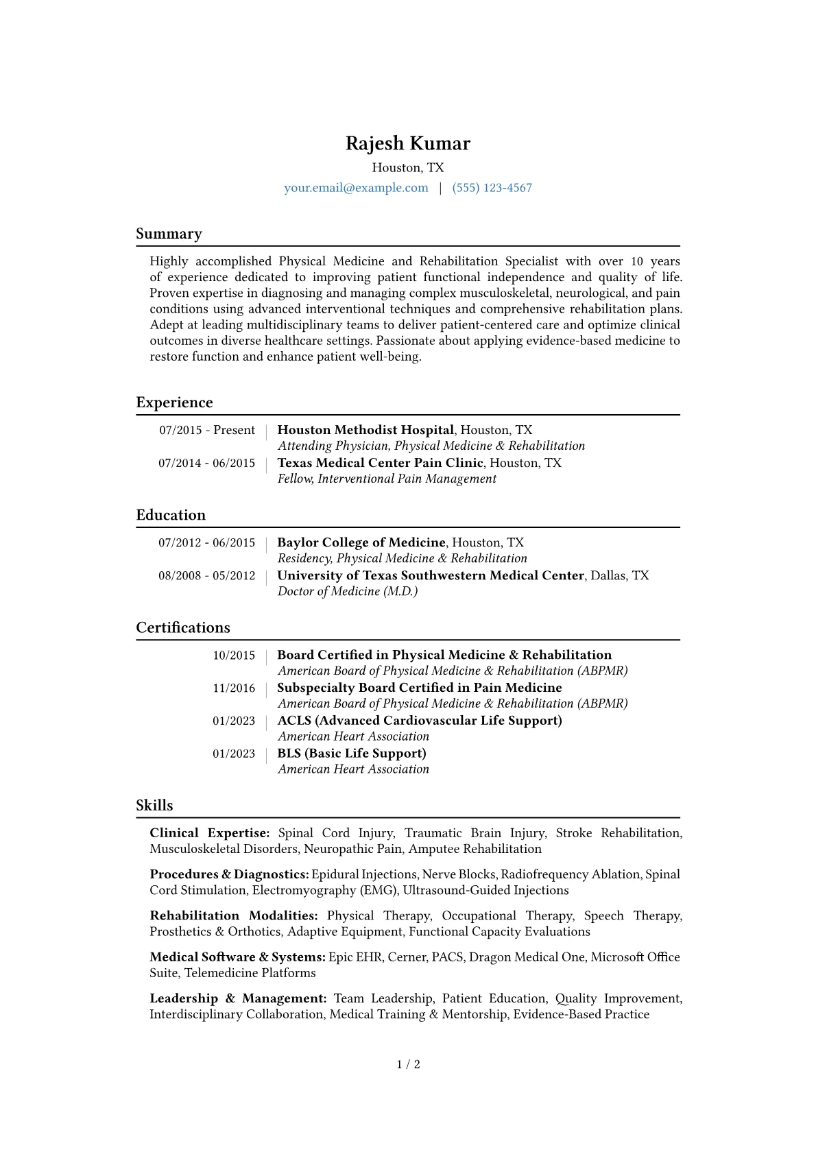Physical Medicine Specialist Resume Example CV template - Page 1