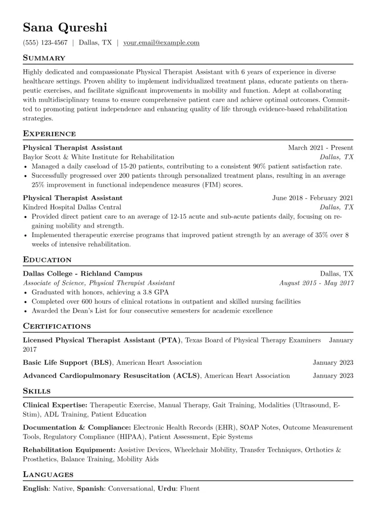 Physical Therapist Assistant Resume Example