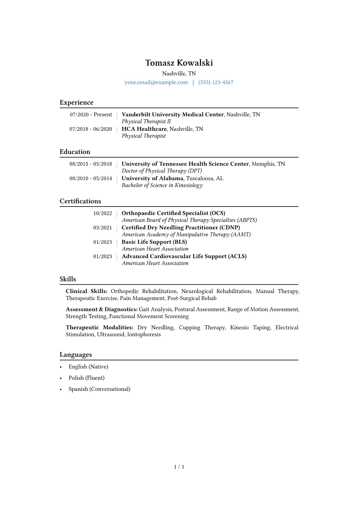 Physical Therapist Resume Example CV template - Page 1