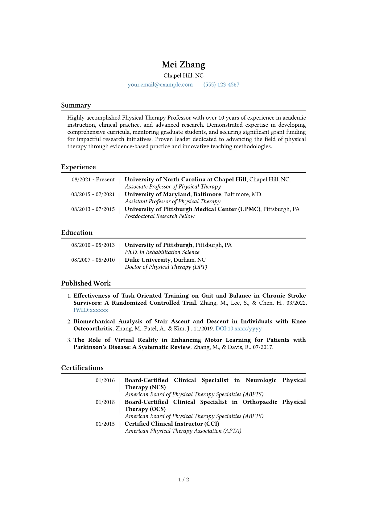 Physical Therapy Professor Resume Example CV template - Page 1