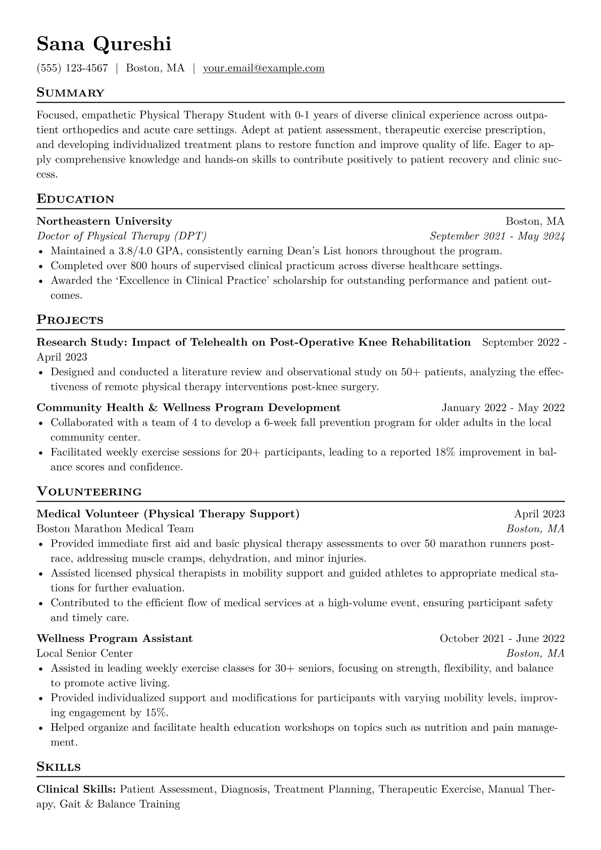 Physical Therapy Student Resume Example CV template - Page 1