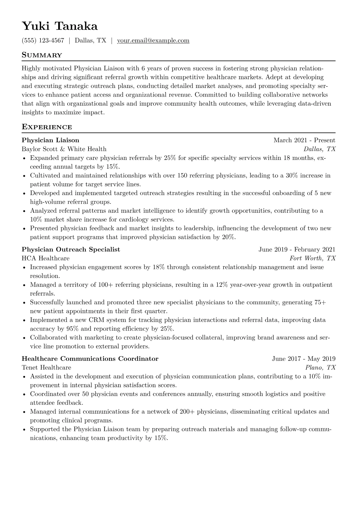 Physician Liaison Resume Example CV template - Page 1