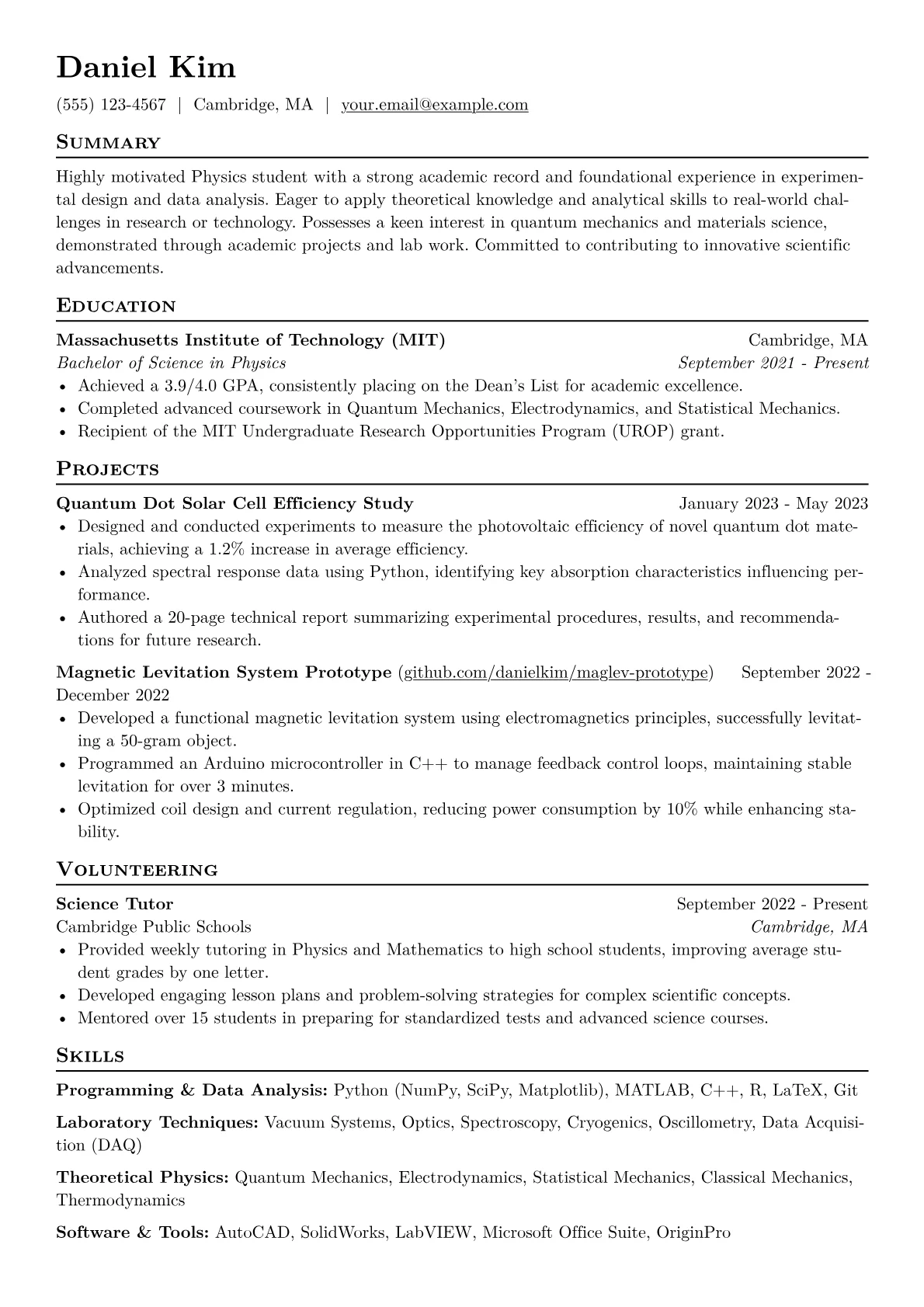 Physics Student Resume Example CV template - Page 1