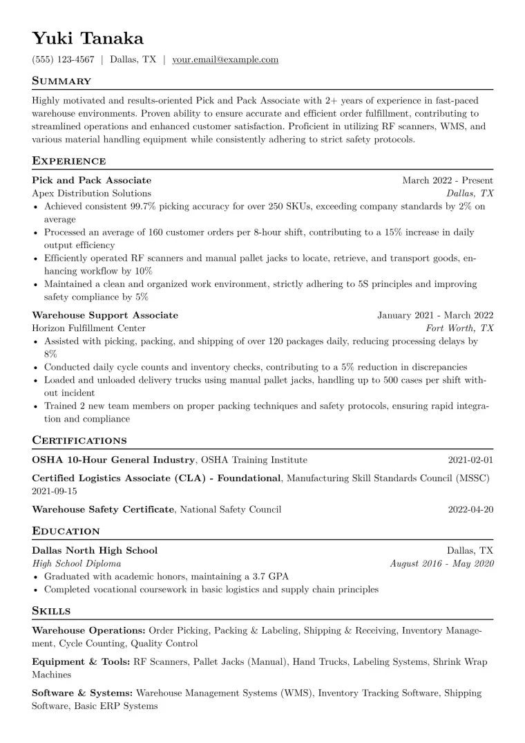 Pick and Pack Associate Resume Example CV template preview