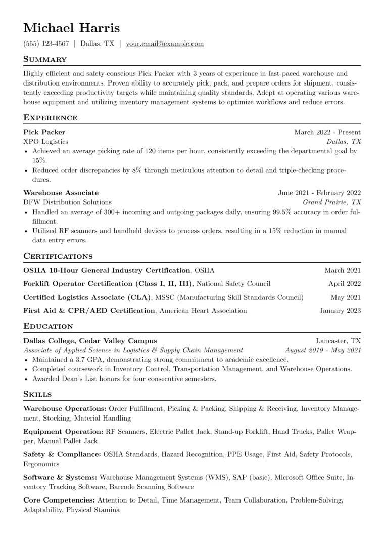 Pick Packer Resume Example