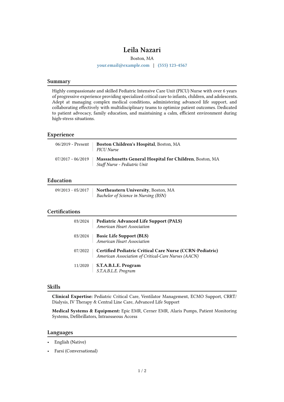 PICU Nurse Resume Example CV template - Page 1