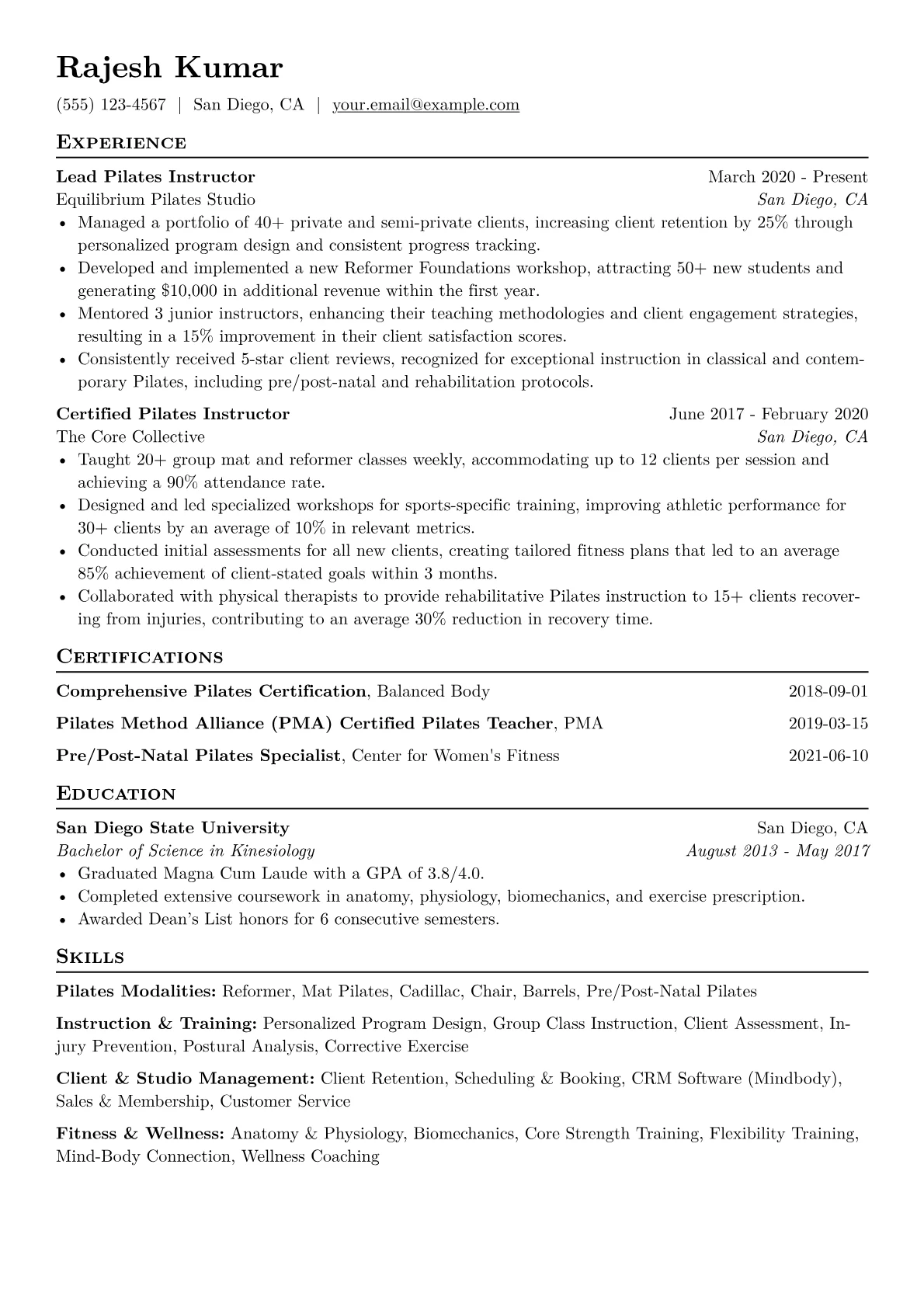 Pilates Instructor Resume Example CV template - Page 1