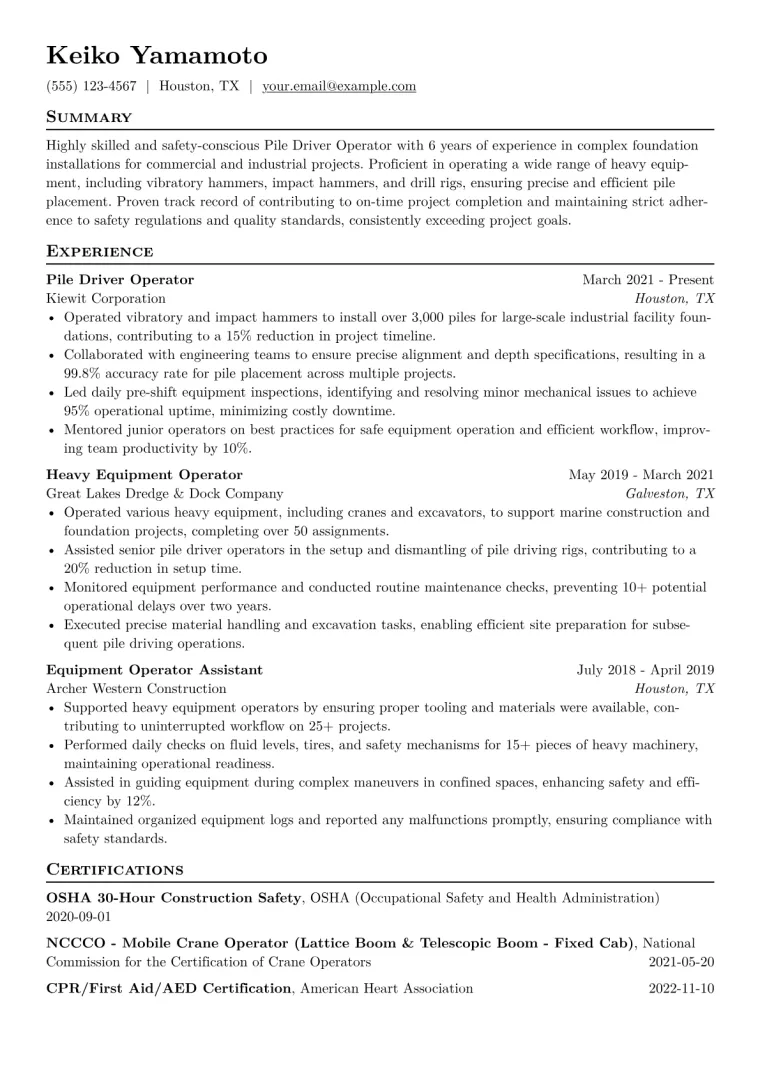 Pile Driver Operator Resume Example CV template preview