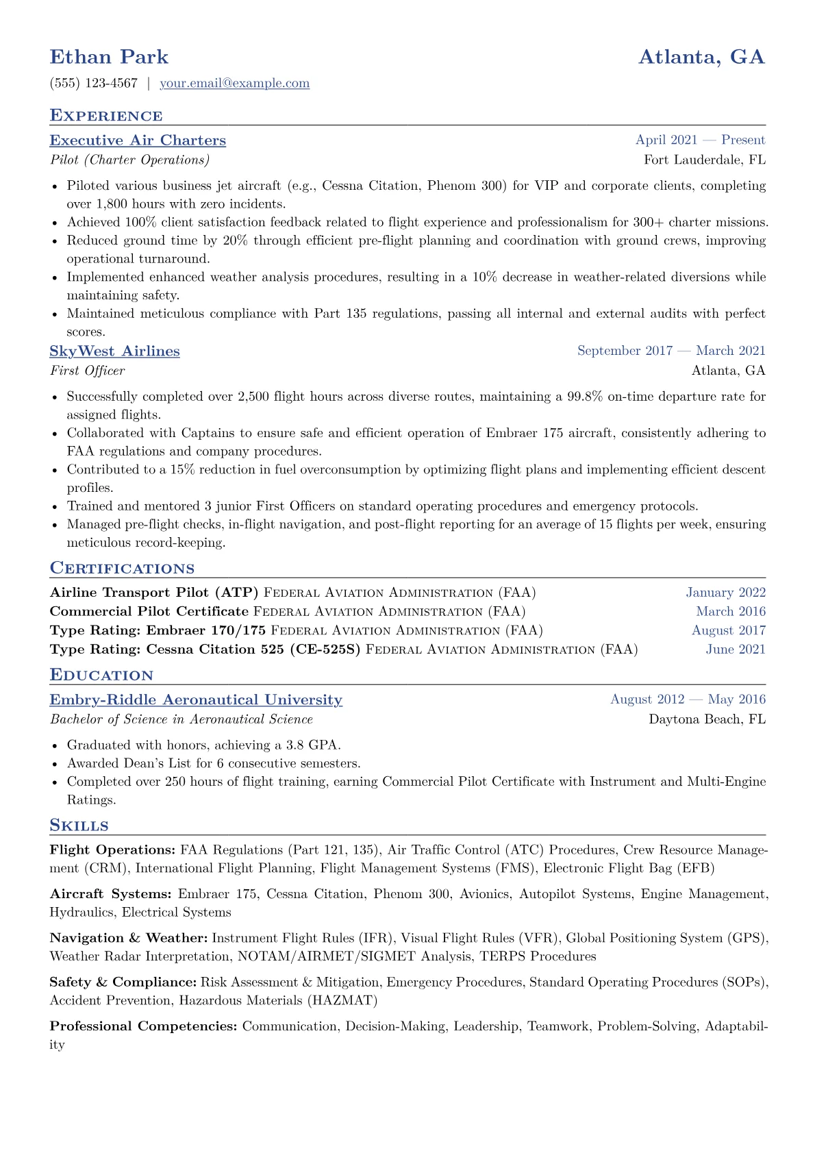 Pilot Resume Example CV template - Page 1