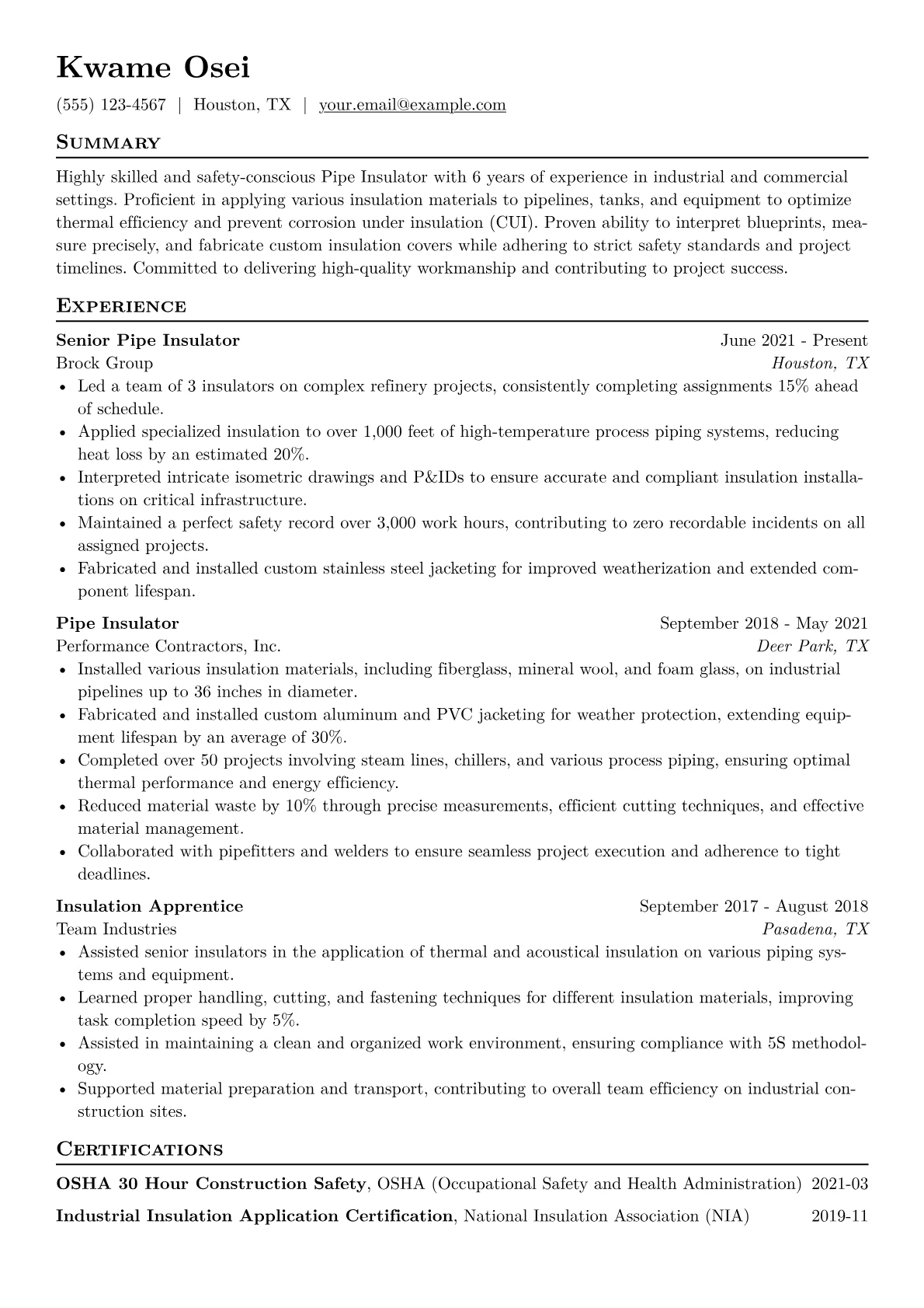 Pipe Insulator Resume Example CV template - Page 1