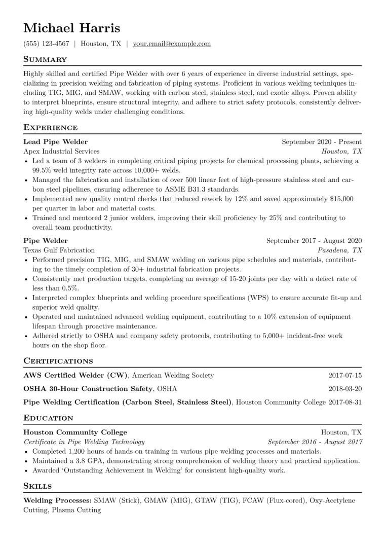 Pipe Welder Resume Example CV template preview