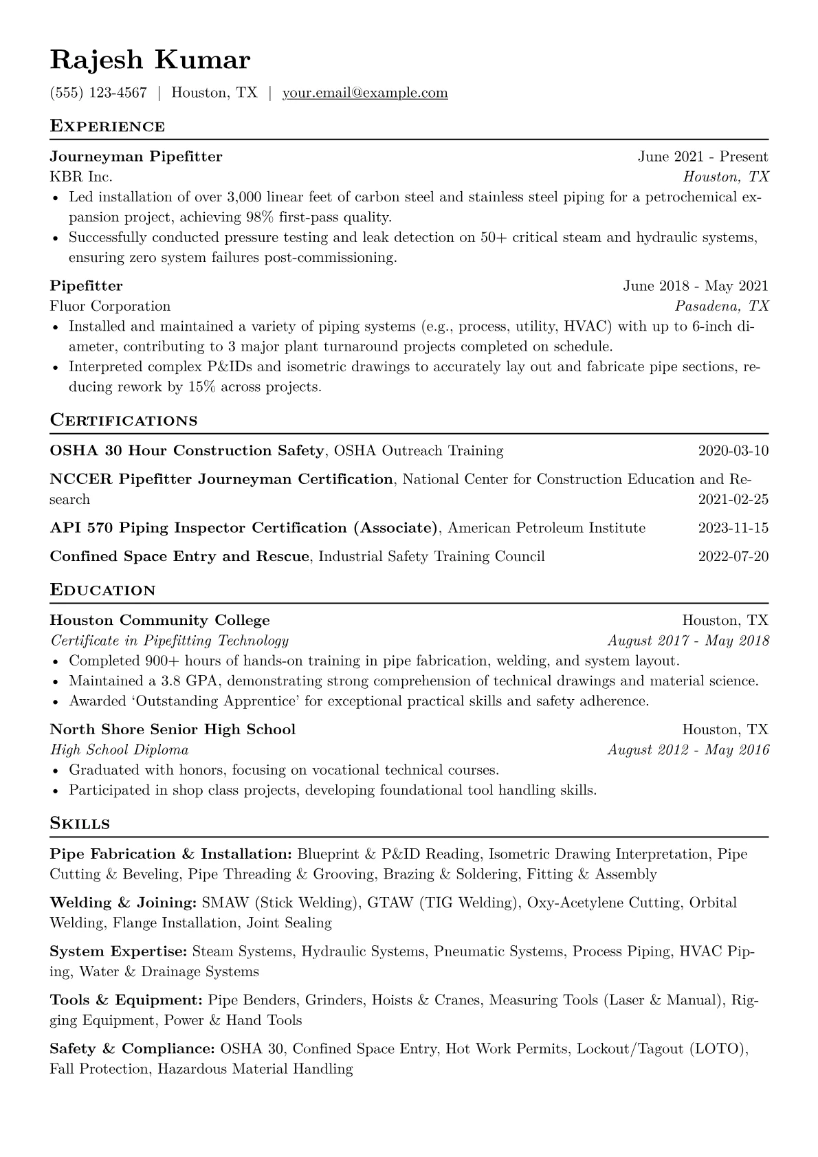 Pipefitter Resume Example CV template - Page 1