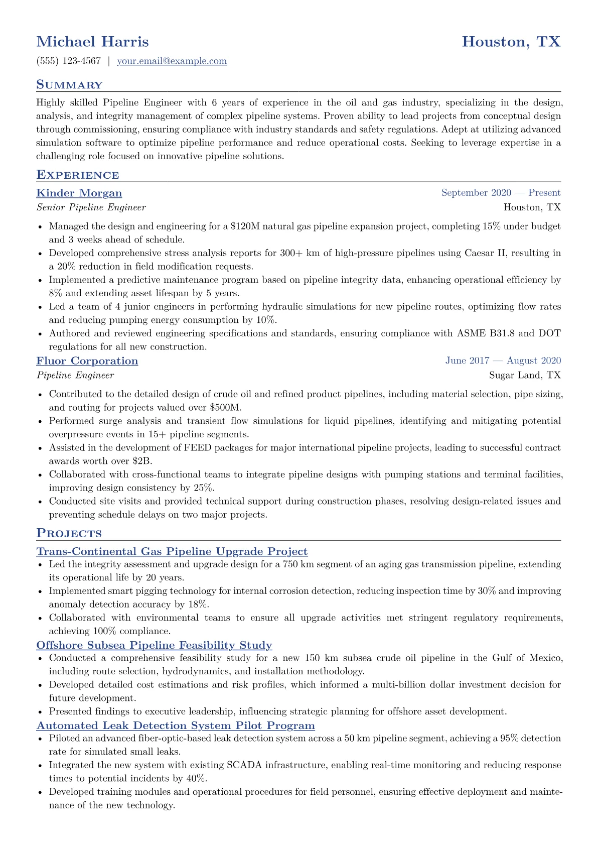 Pipeline Engineer Resume Example CV template - Page 1