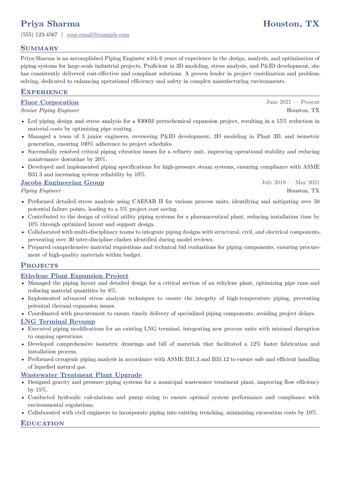 Piping Engineer Resume Example CV template - Page 1