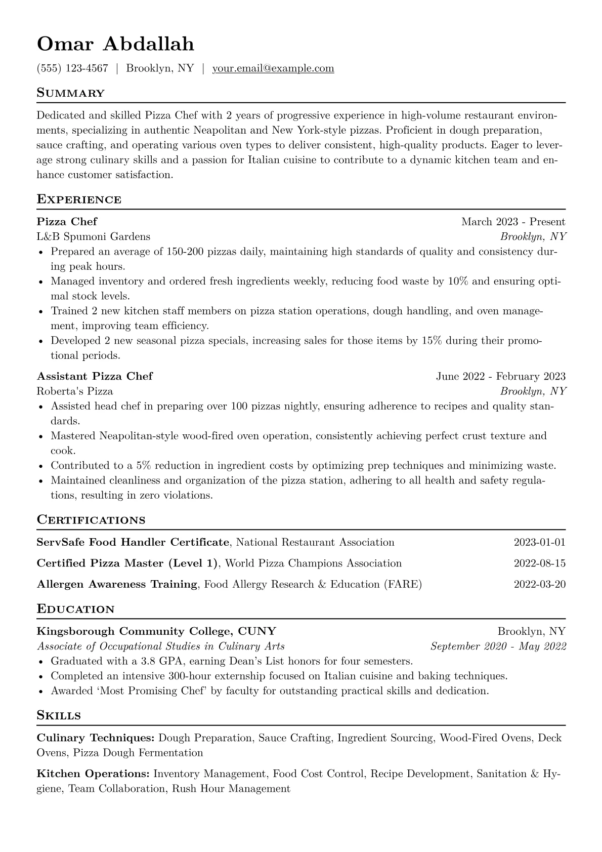 Pizza Chef Resume Example CV template - Page 1