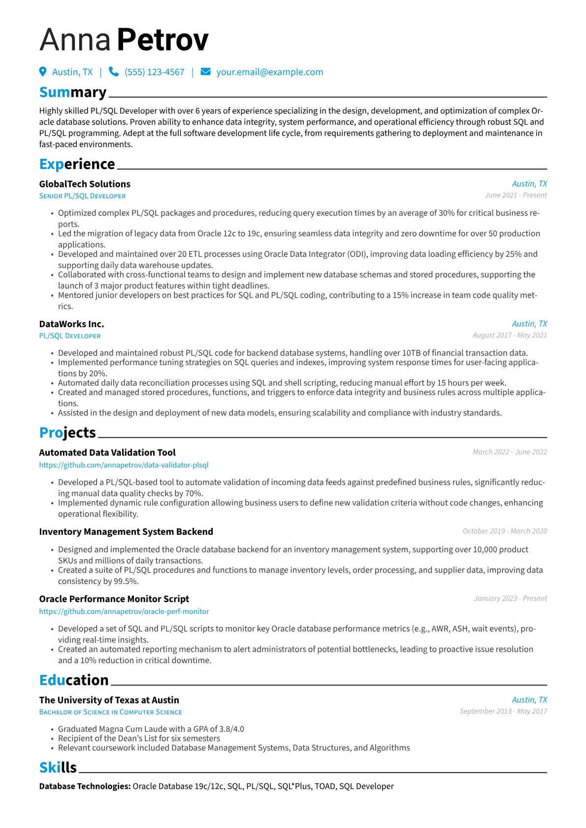 PL/SQL Developer Resume Example CV template - Page 1