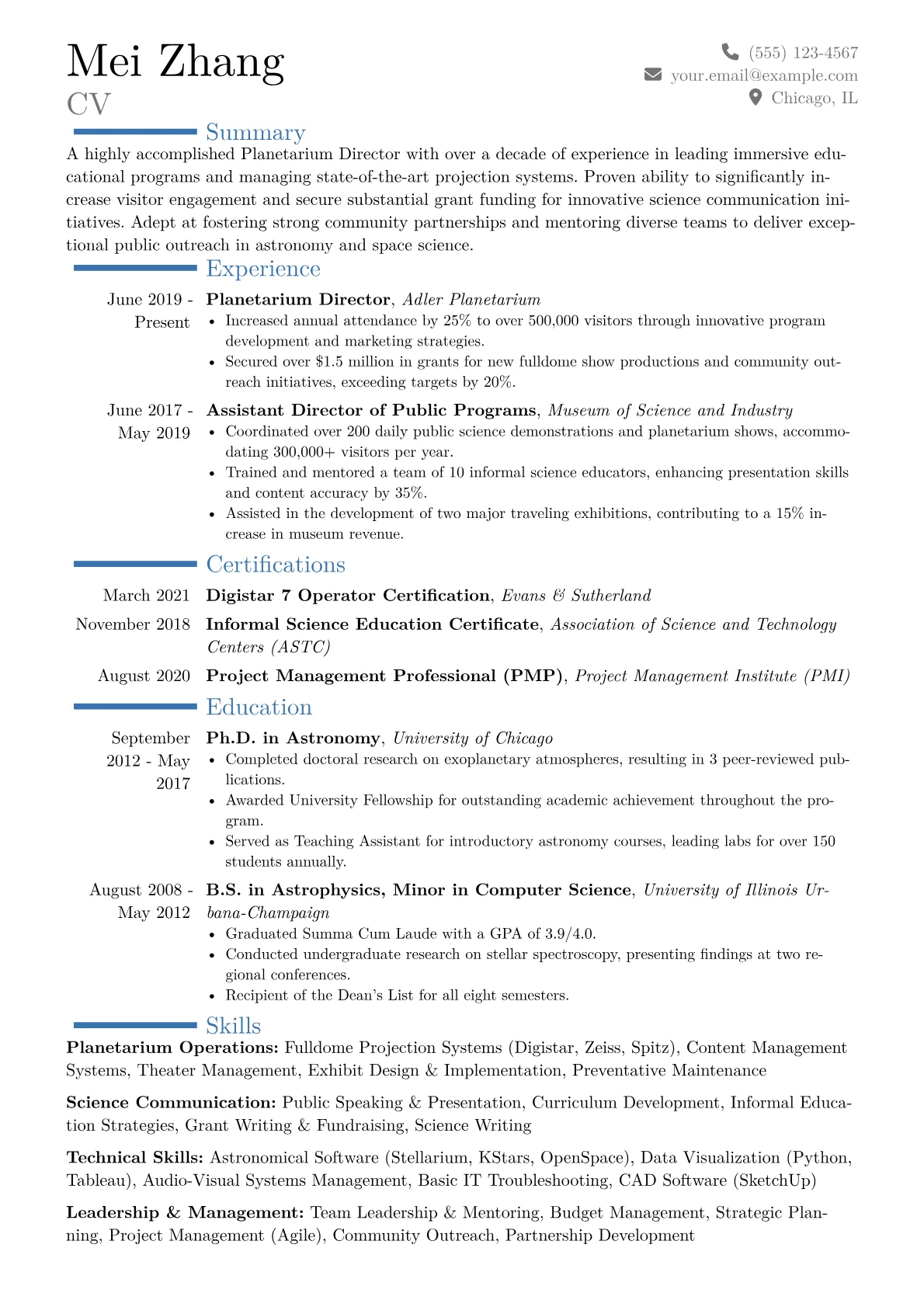 Planetarium Director Resume Example CV template - Page 1
