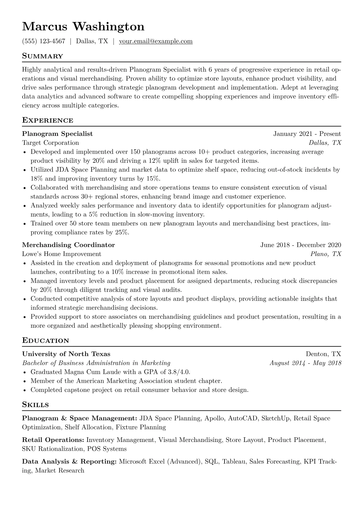 Planogram Specialist Resume Example CV template - Page 1