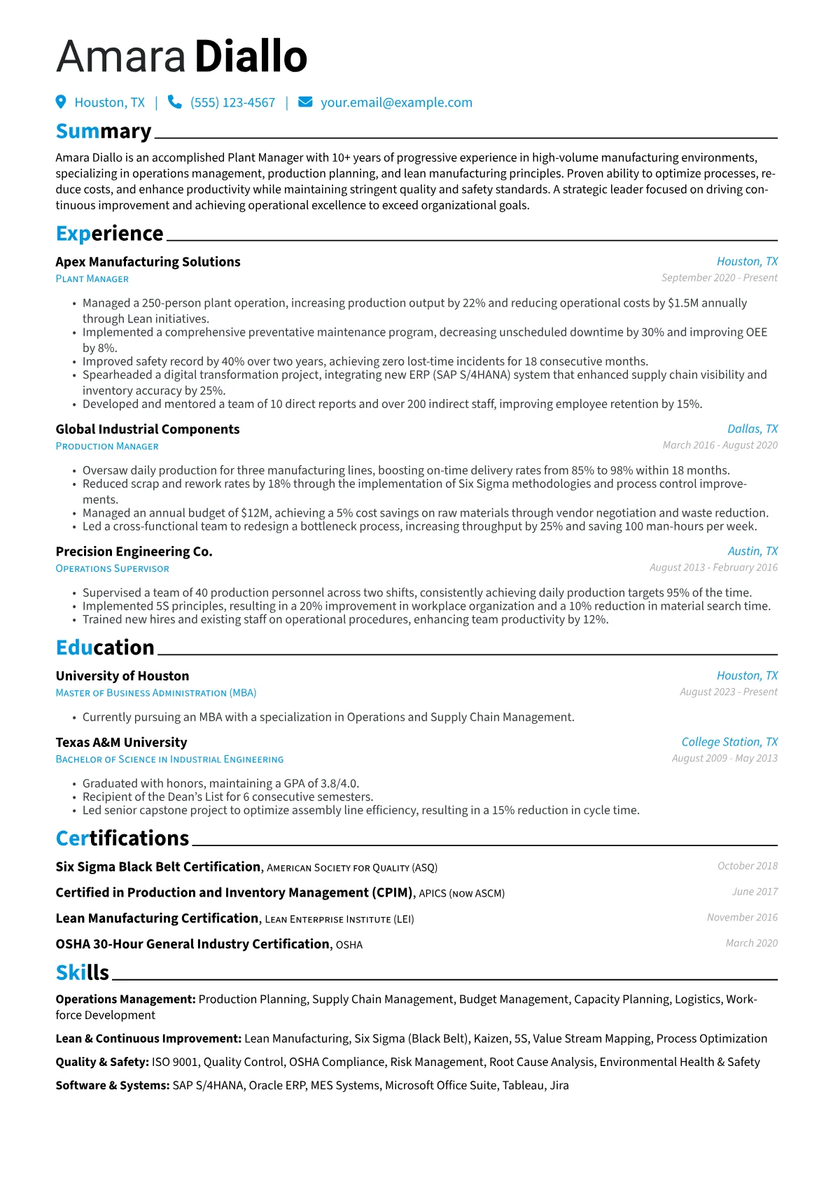 Plant Manager Resume Example CV template - Page 1