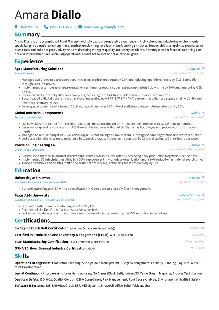 Plant Manager Resume Example CV template preview
