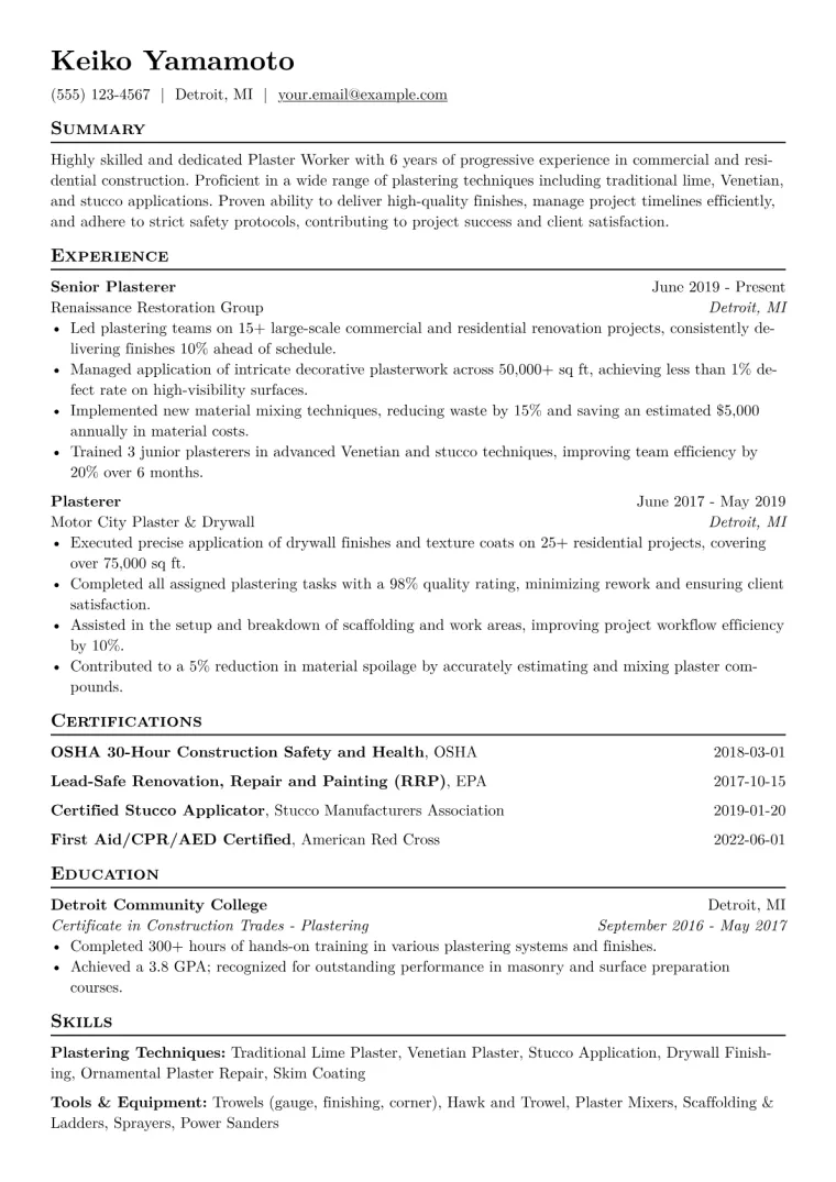 Plaster Worker Resume Example CV template preview