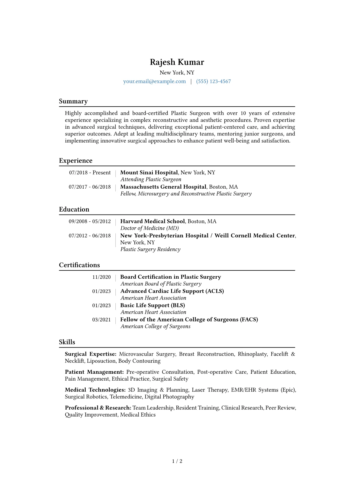 Plastic Surgeon Resume Example CV template - Page 1