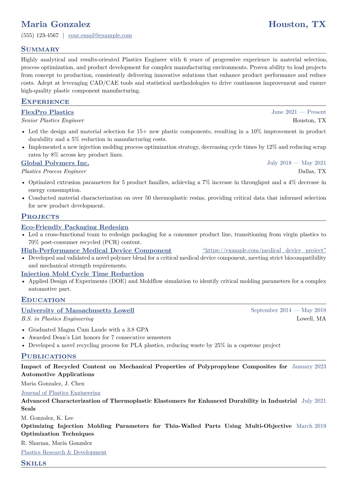 Plastics Engineer Resume Example CV template - Page 1