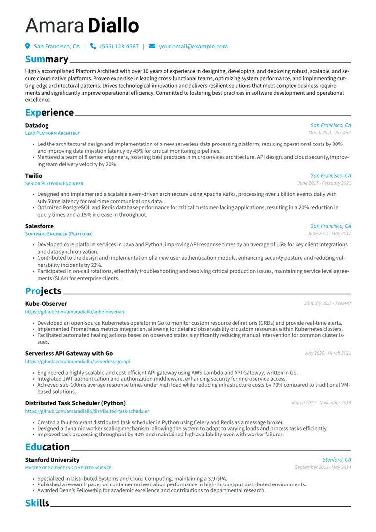 Platform Architect Resume Example CV template preview
