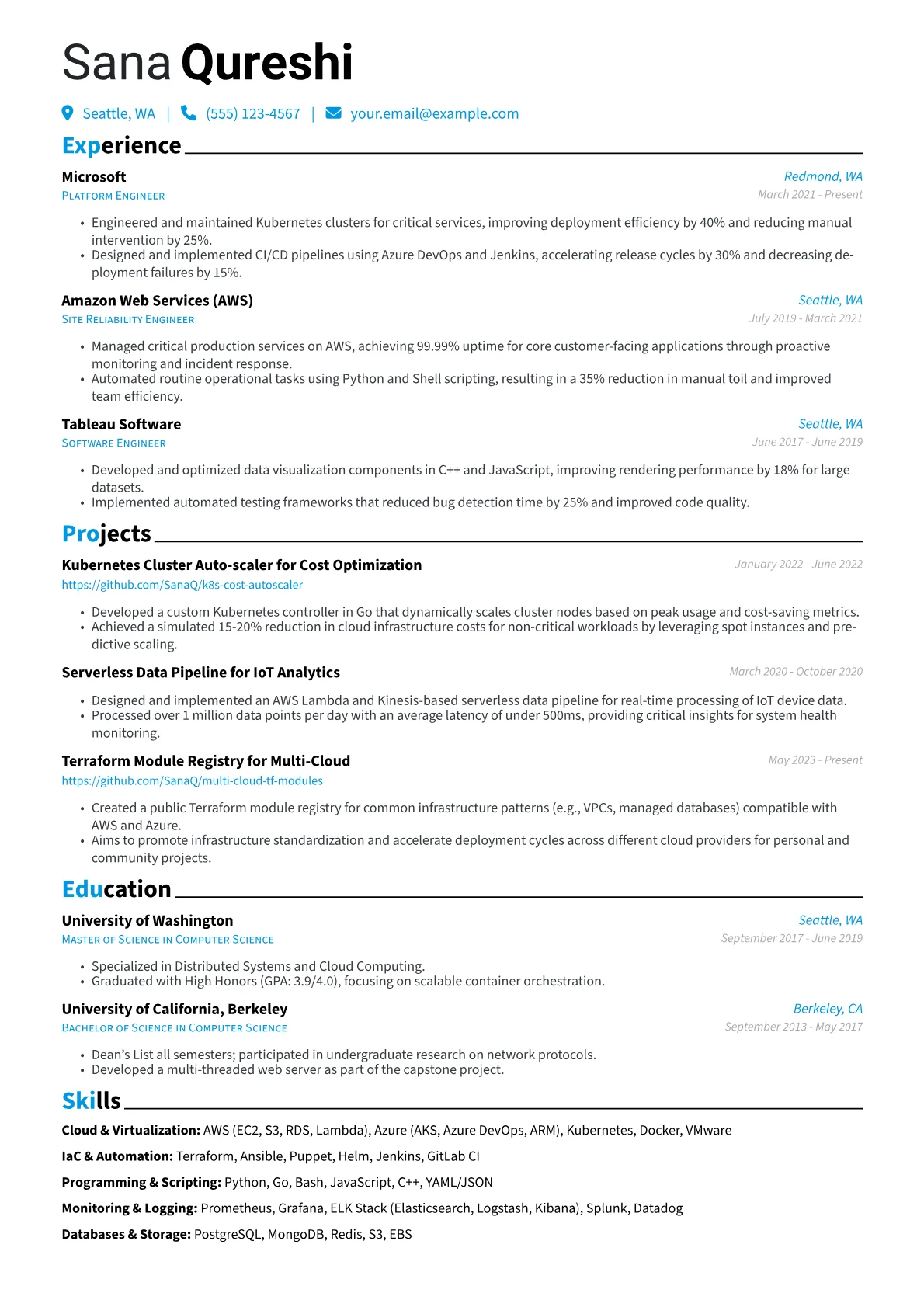 Platform Engineer Resume Example CV template - Page 1