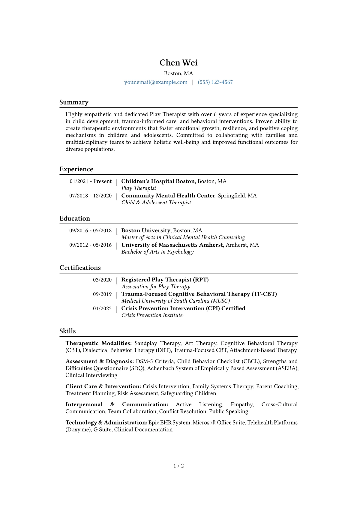 Play Therapist Resume Example CV template - Page 1