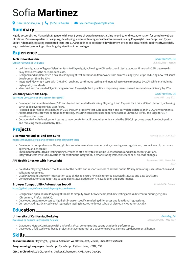 Playwright Engineer Resume Example CV template preview