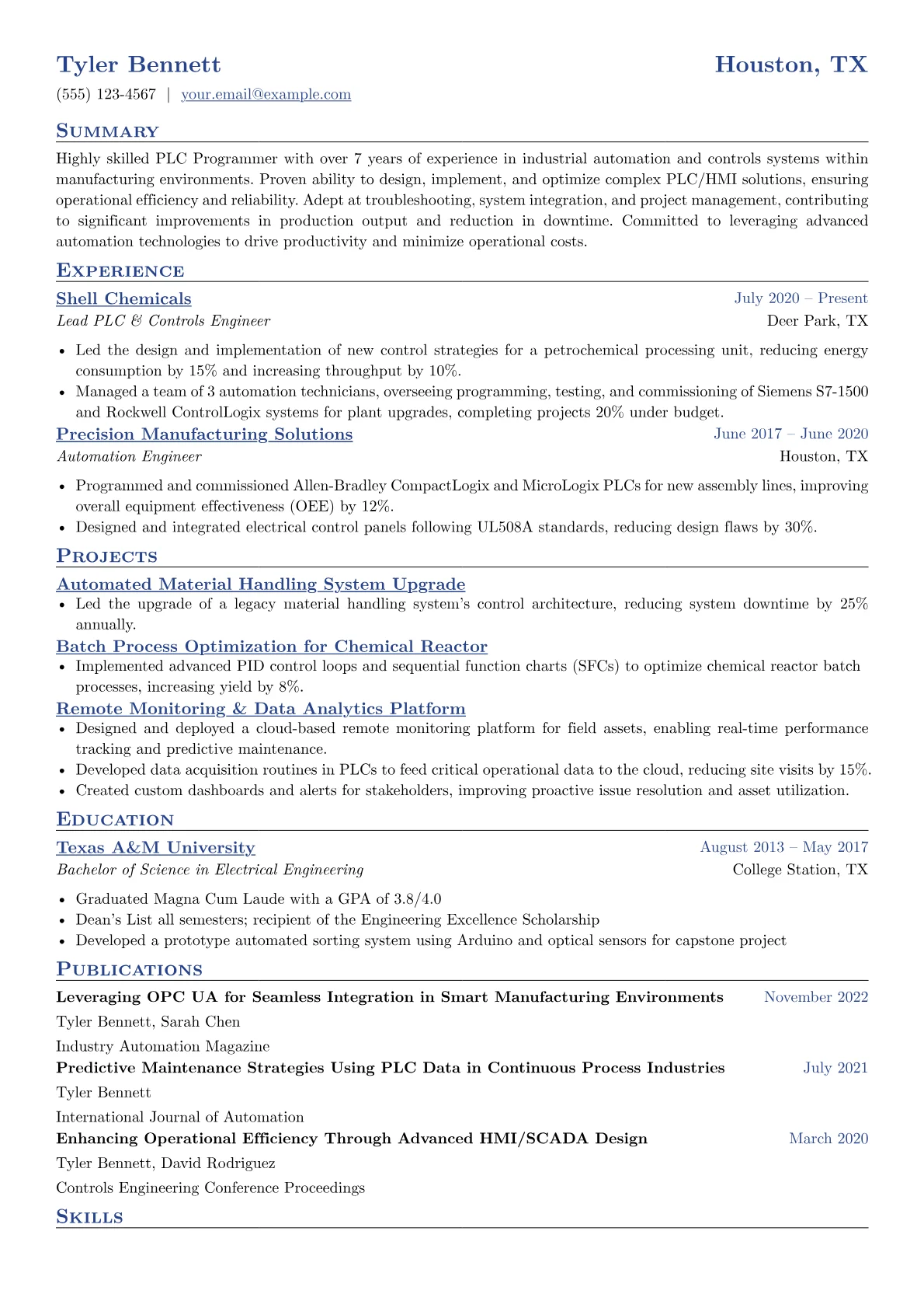 PLC Programmer Resume Example CV template - Page 1